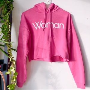 5/$20 Cropped bright pink “Woman” hoodie, size Small